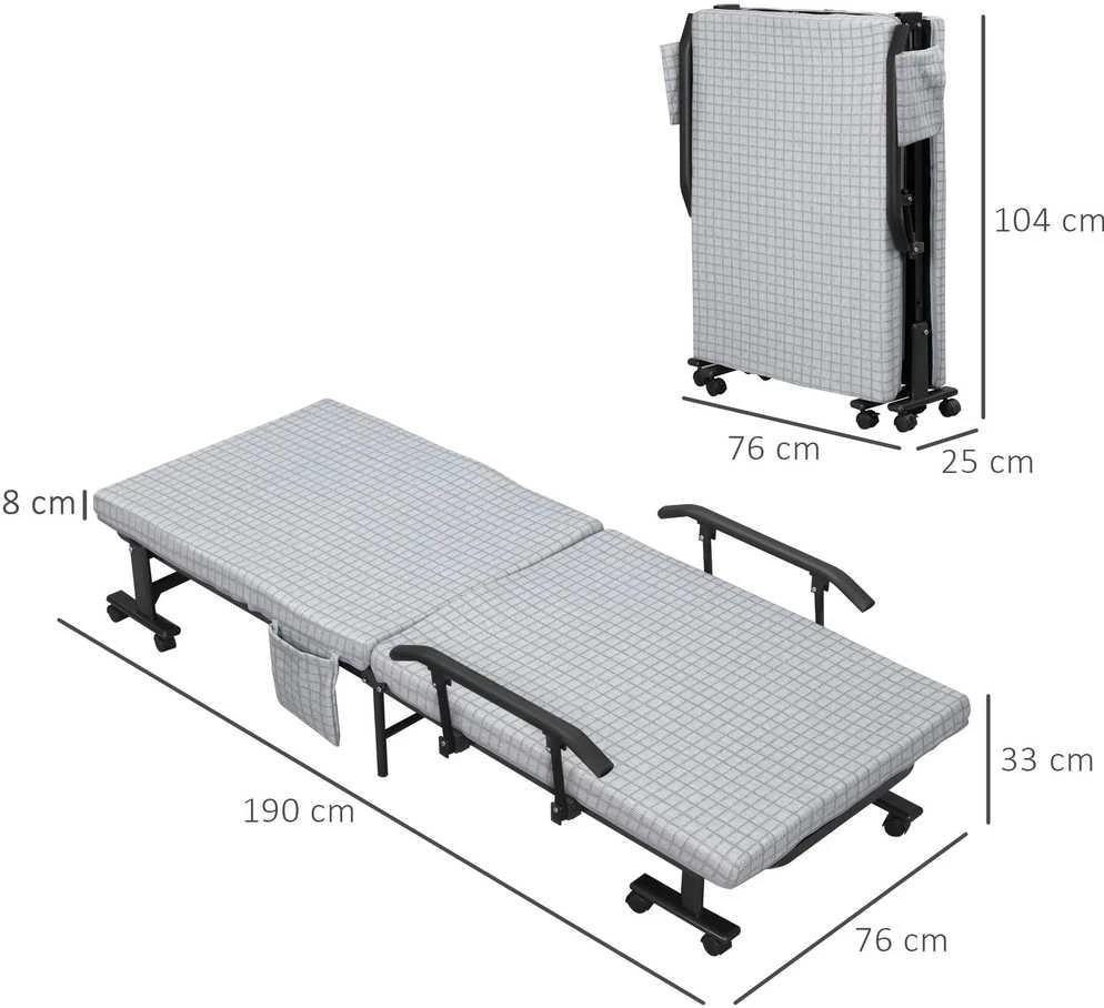 HOMCOM sulankstoma lova svečiams su ratukais, fotelis, 5 padėčių reguliuojamas atlošas, kelioninė lova, plieno rėmas, šviesiai pilka+juoda, 190x76x33cm | Aosom.de