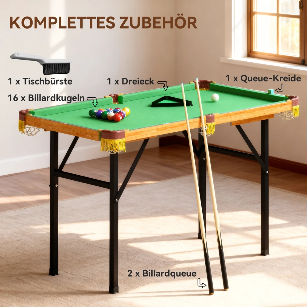 SPORTNOW sulankstomas biliardo stalas, mini biliardo stalas, 2 lazdos, 16 rutulių, trikampis, šepetys, žalias