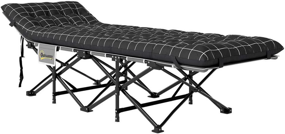 Outsunny sulankstoma kempingo lova, kelioninė lova su šonine kišene, čiužiniu, neslystanti, svečių lova, atlaikanti iki 150 kg, lauko, Oksfordo audinys, juoda, 190 x 67 x 37 cm