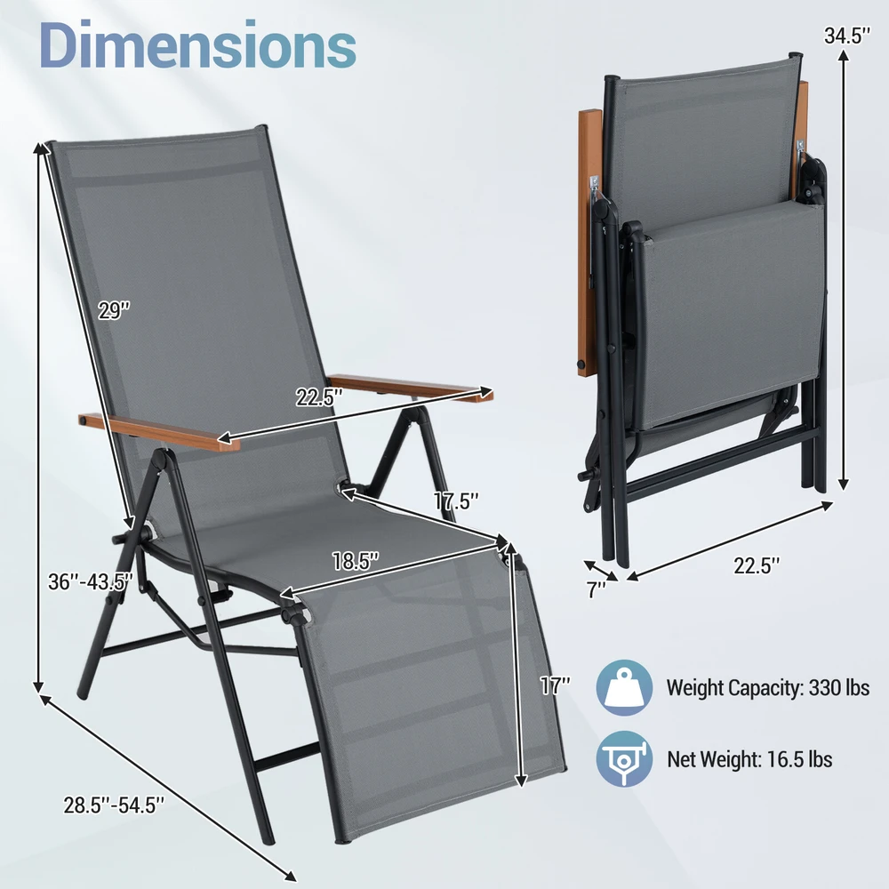 Sulankstomas lauko gultas su 6 padėčių atlošu, pilkas, 57 × 72–138 × 91–110 cm
