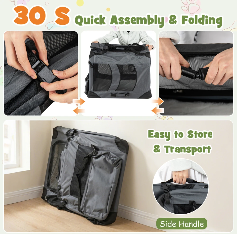 Sulankstomas minkštas transportavimo narvas su 3 durimis, pilkas, 83,8 × 58,4 × 58,4 cm