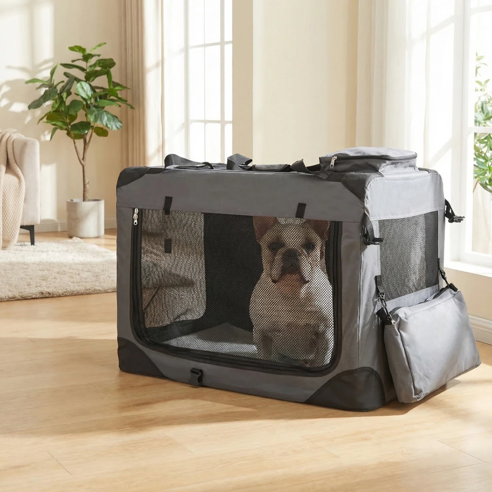 Sulankstomas minkštas transportavimo narvas su 3 durimis, pilkas, 83,8 × 58,4 × 58,4 cm