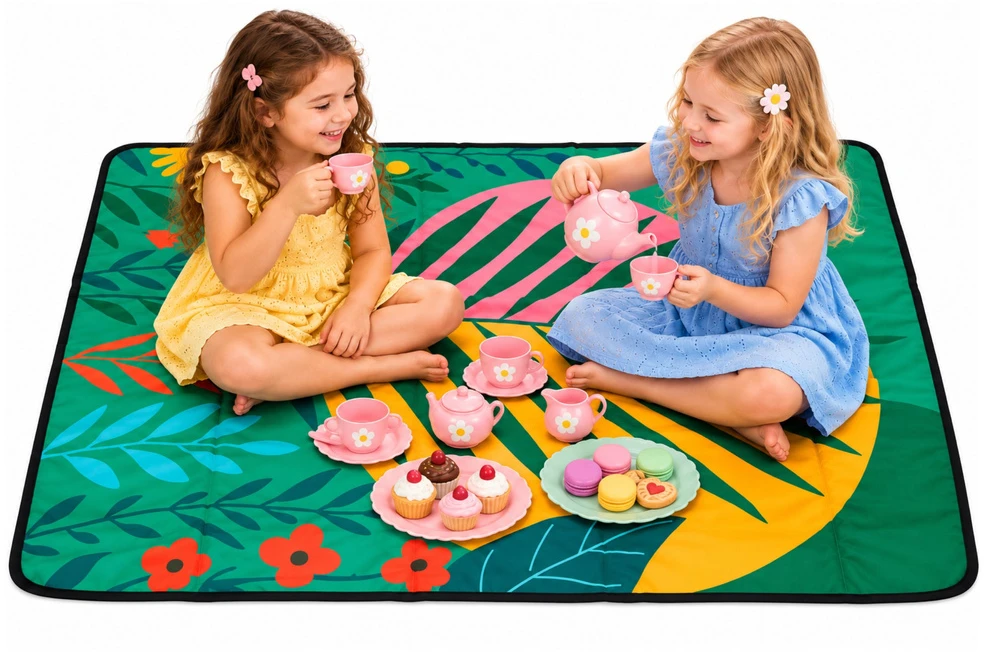 Lean Toys Sulankstomas pikniko kilimėlis su tropiniu raštu, žalias, 100 x 70 cm