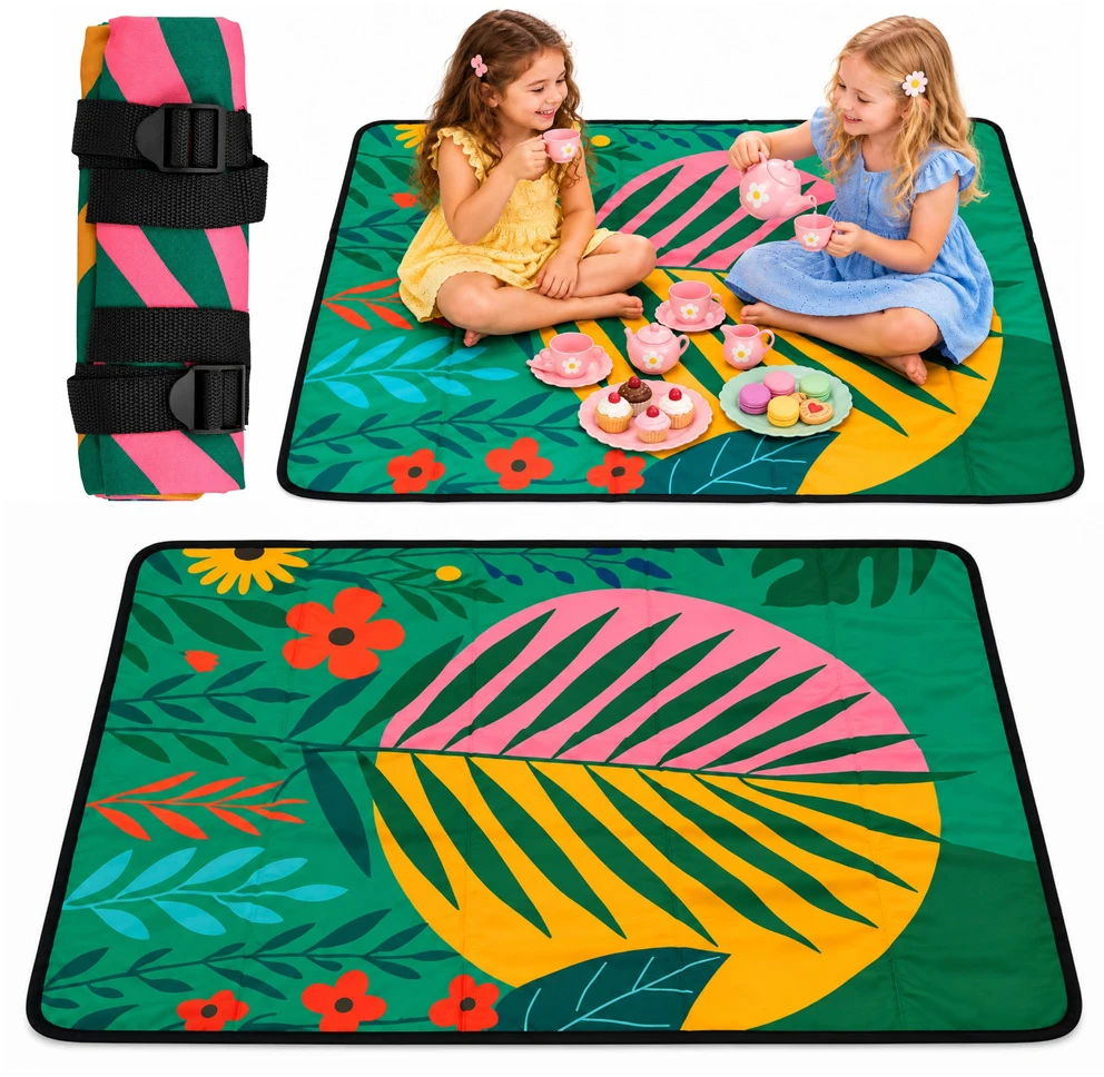 Lean Toys Sulankstomas pikniko kilimėlis su tropiniu raštu, žalias, 100 x 70 cm
