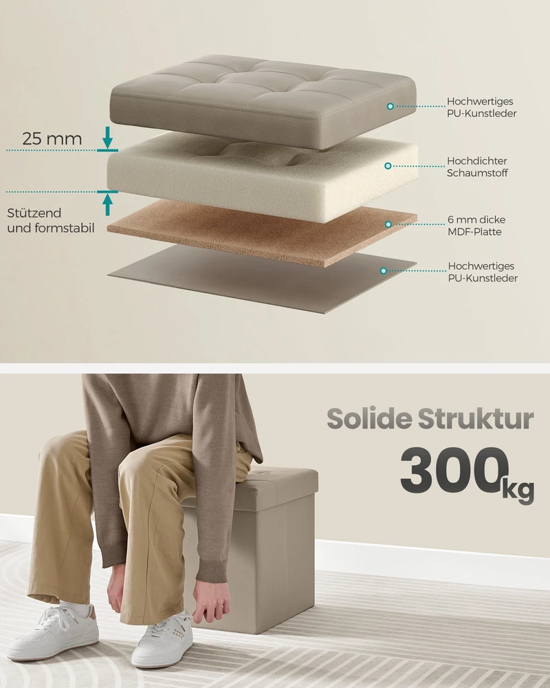 Songmics Sulankstomas pufas su daiktadėže, šviesiai kupranugario rudos ir juodos spalvos, 38 × 38 × 38 cm