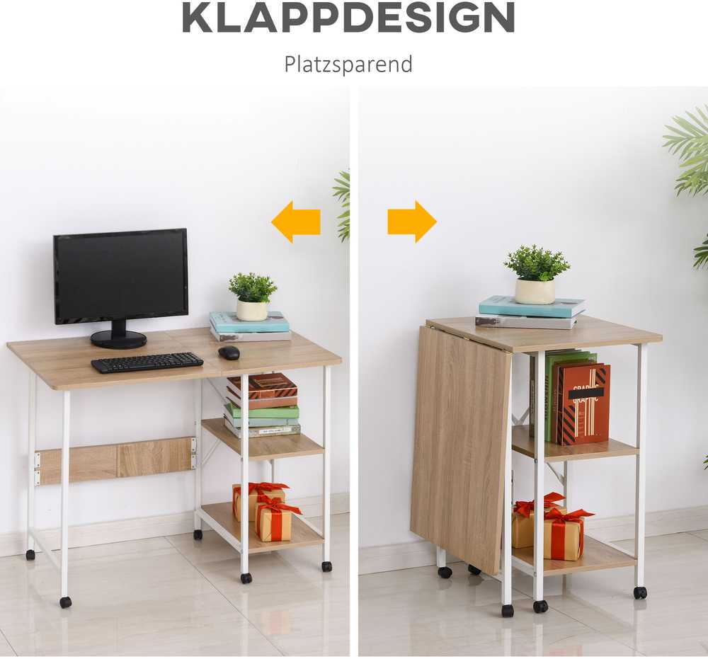 "HOMCOM" sulankstomas stalas Mobilus stalas ant ratukų, šoninis stalas, MDF, natūralus, 107x55x76cm