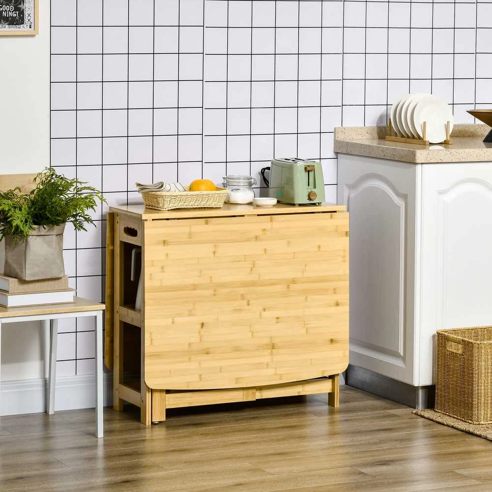 HOMCOM sulankstomas valgomojo stalas, virtuvės stalas su lentynomis ir reguliuojamomis kojomis, kaimiško stiliaus, bambukinis, natūralaus medžio spalvos, 149,5 x 80 x 73,5 cm