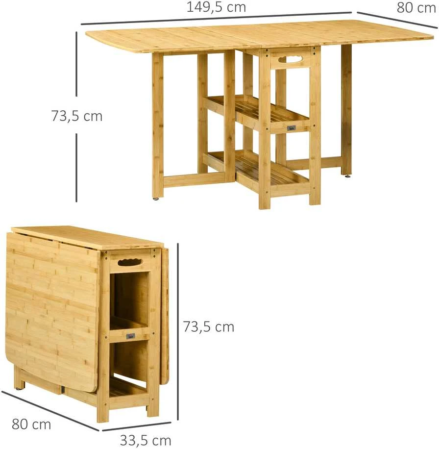 HOMCOM sulankstomas valgomojo stalas, virtuvės stalas su lentynomis ir reguliuojamomis kojomis, kaimiško stiliaus, bambukinis, natūralaus medžio spalvos, 149,5 x 80 x 73,5 cm