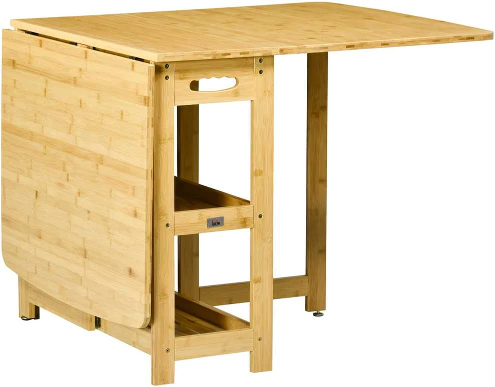 HOMCOM sulankstomas valgomojo stalas, virtuvės stalas su lentynomis ir reguliuojamomis kojomis, kaimiško stiliaus, bambukinis, natūralaus medžio spalvos, 149,5 x 80 x 73,5 cm