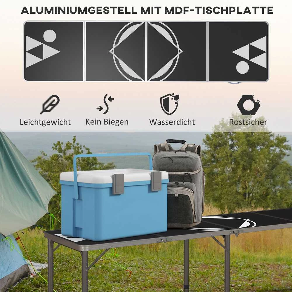 Outsunny Beer Pong stalas, sulankstomas kempingo stalas, 240 x 60 cm, reguliuojamo aukščio, kelioninis stalas sodui, balkonui, aliuminis, juodas