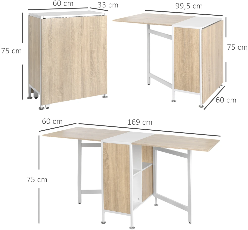 Sulankstomas stalas su 4 lentynomis, natūralios medienos spalvos ir baltas, 169 × 60 × 75 cm