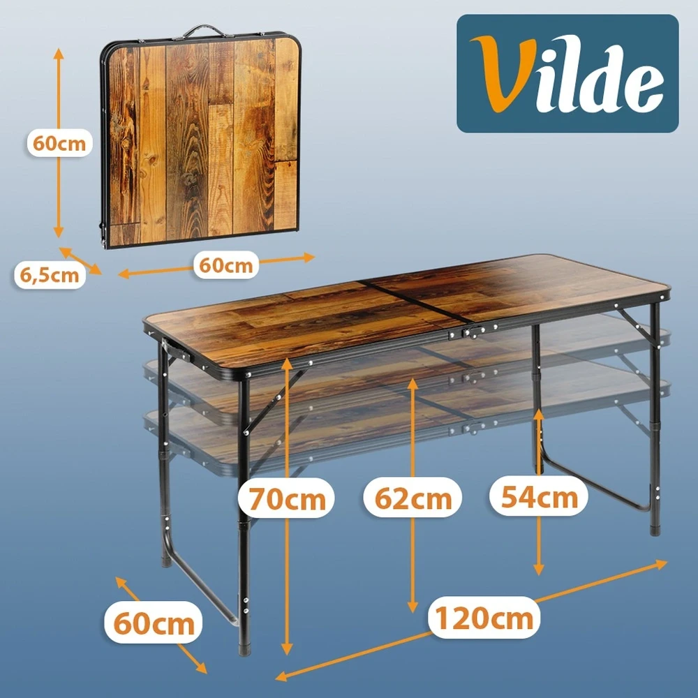 Sulankstomas turistinis stalas 120x60x54/62/70 cm