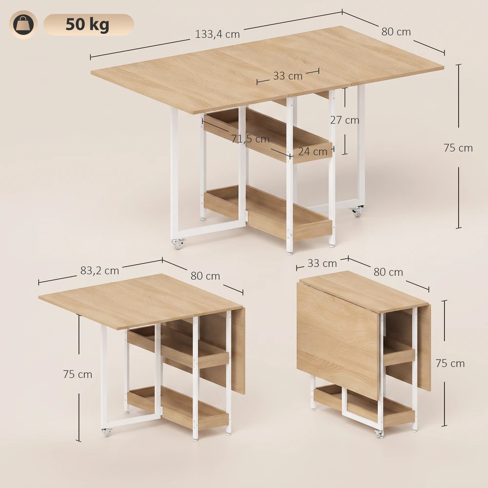 Sulankstomas valgomojo stalas su 2 atverčiamais stalviršiais ir 2 atvirais skyriais, natūralios medienos spalvos, 133,4 × 80 × 75 cm