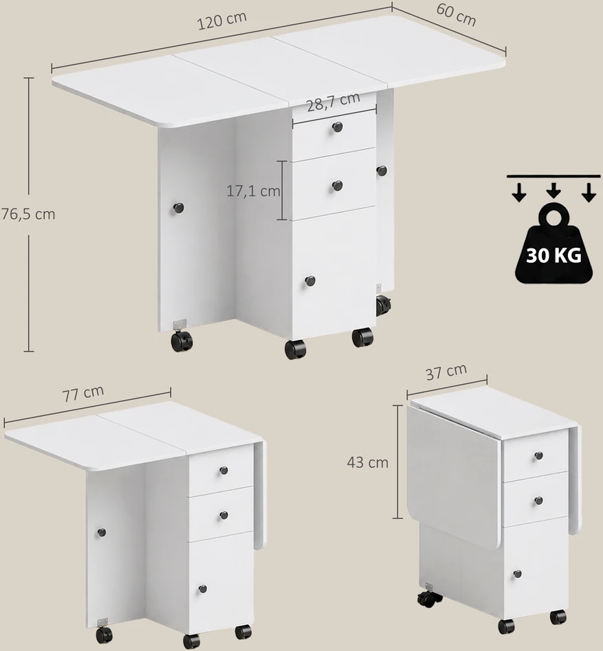 Sulankstomas valgomojo stalas su ratukais, baltas, 120 × 60 × 76,5 cm