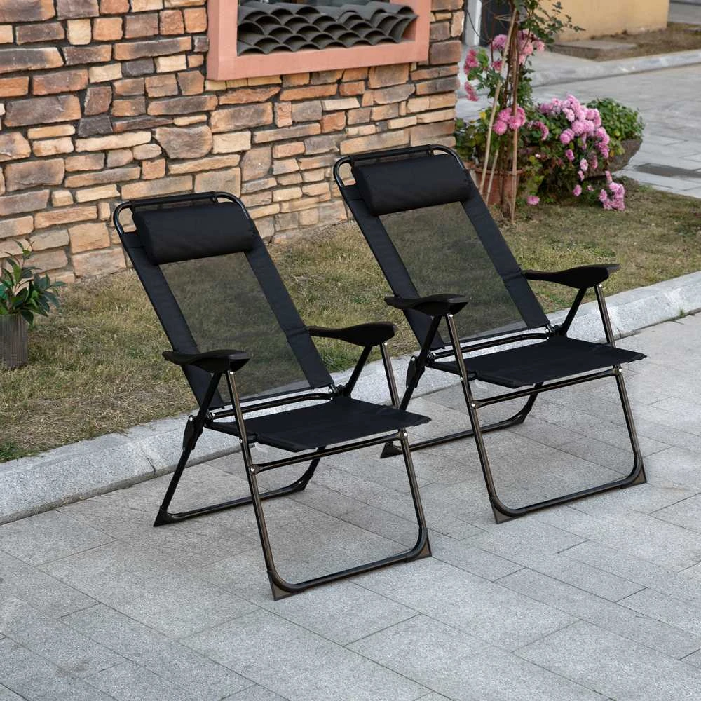Outsunny sulankstoma kėdė, 2 vnt. rinkinys, reguliuojamas atlošas, porankiai, kempingo kėdė sodui, balkonui, išlaiko iki 120 kg
