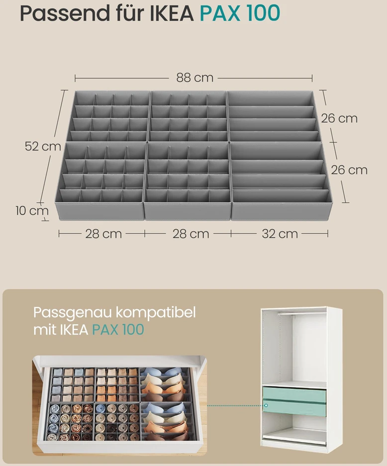 Sulankstomos stalčių dėžutės su skyriais, pilkas, 6 vnt.