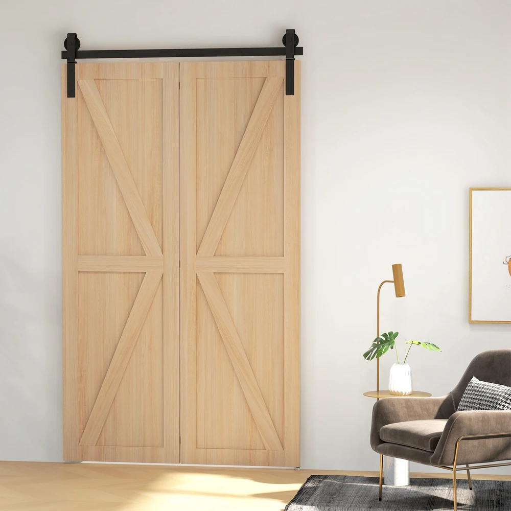 Sulankstomų stumdomųjų durų furnitūros komplektas su J formos laikikliais, juodas, 122 cm
