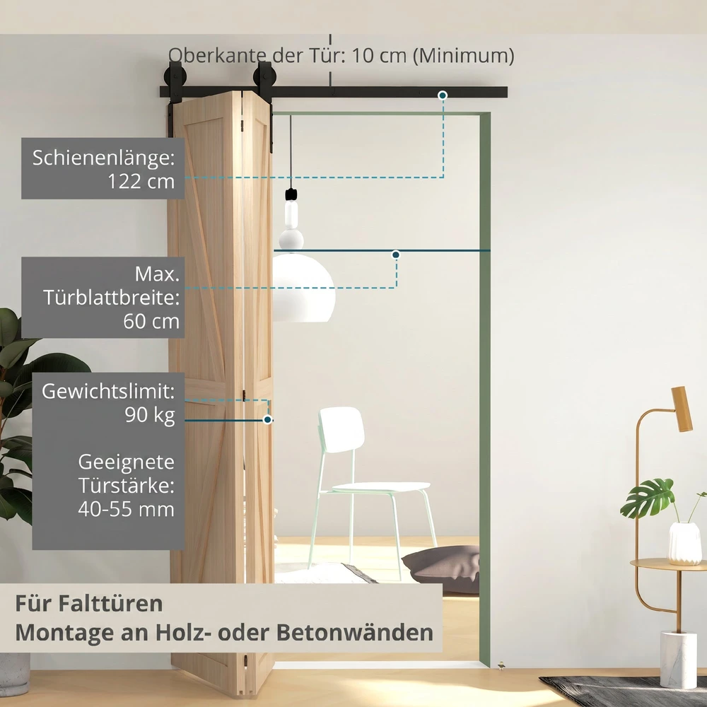 Sulankstomų stumdomųjų durų furnitūros komplektas su J formos laikikliais, juodas, 122 cm