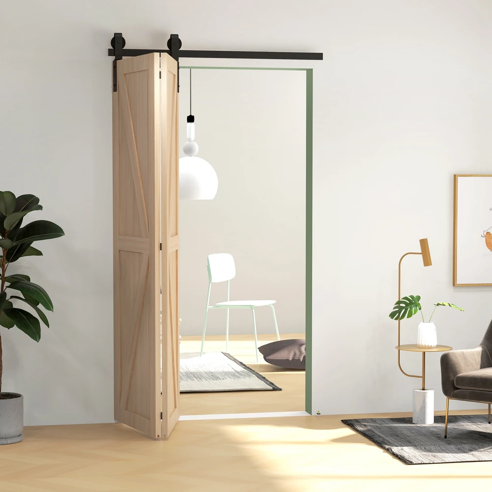Sulankstomų stumdomųjų durų furnitūros komplektas su J formos laikikliais, juodas, 122 cm