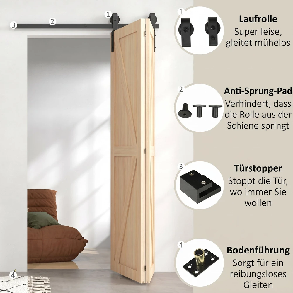 Sulankstomų stumdomųjų durų furnitūros komplektas su J formos laikikliais, juodas, 122 cm