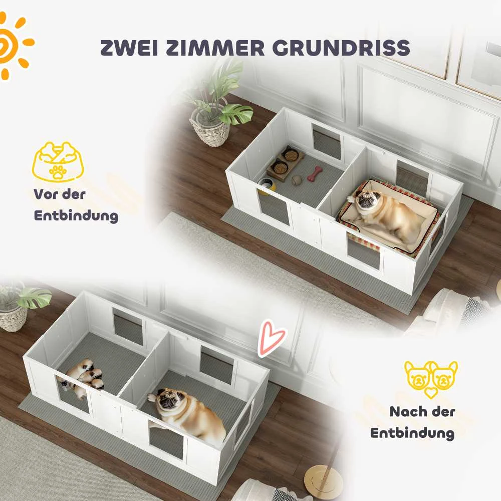 PawHut šuniukų gimdykla, aptvaras šuniukams su vandeniui atspariu ir plaunamu kilimėliu, reguliuojamos durelės, 2 erdvių dizainas mažiems šunims, 164 x 80 x 48 cm, balta