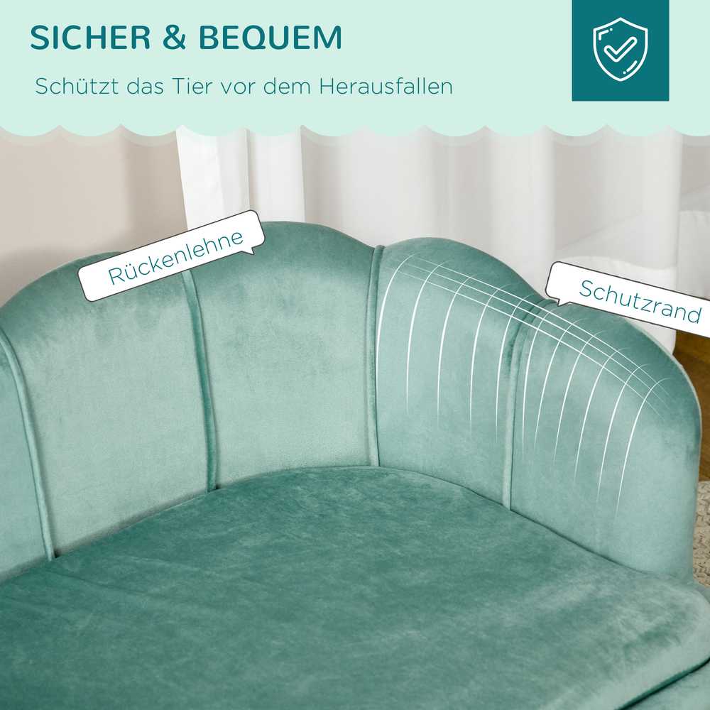 PawHut šunų sofa su atlošu ir medinėmis kojelėmis, minkštas apmušalas, naminių gyvūnų sofa, žalia, 98,5x60,5x35,5 cm