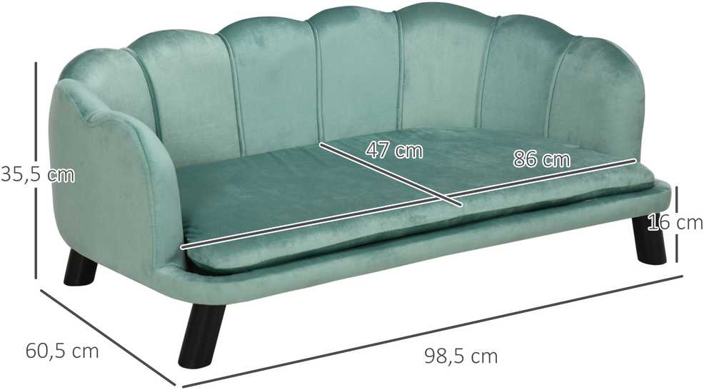 PawHut šunų sofa su atlošu ir medinėmis kojelėmis, minkštas apmušalas, naminių gyvūnų sofa, žalia, 98,5x60,5x35,5 cm