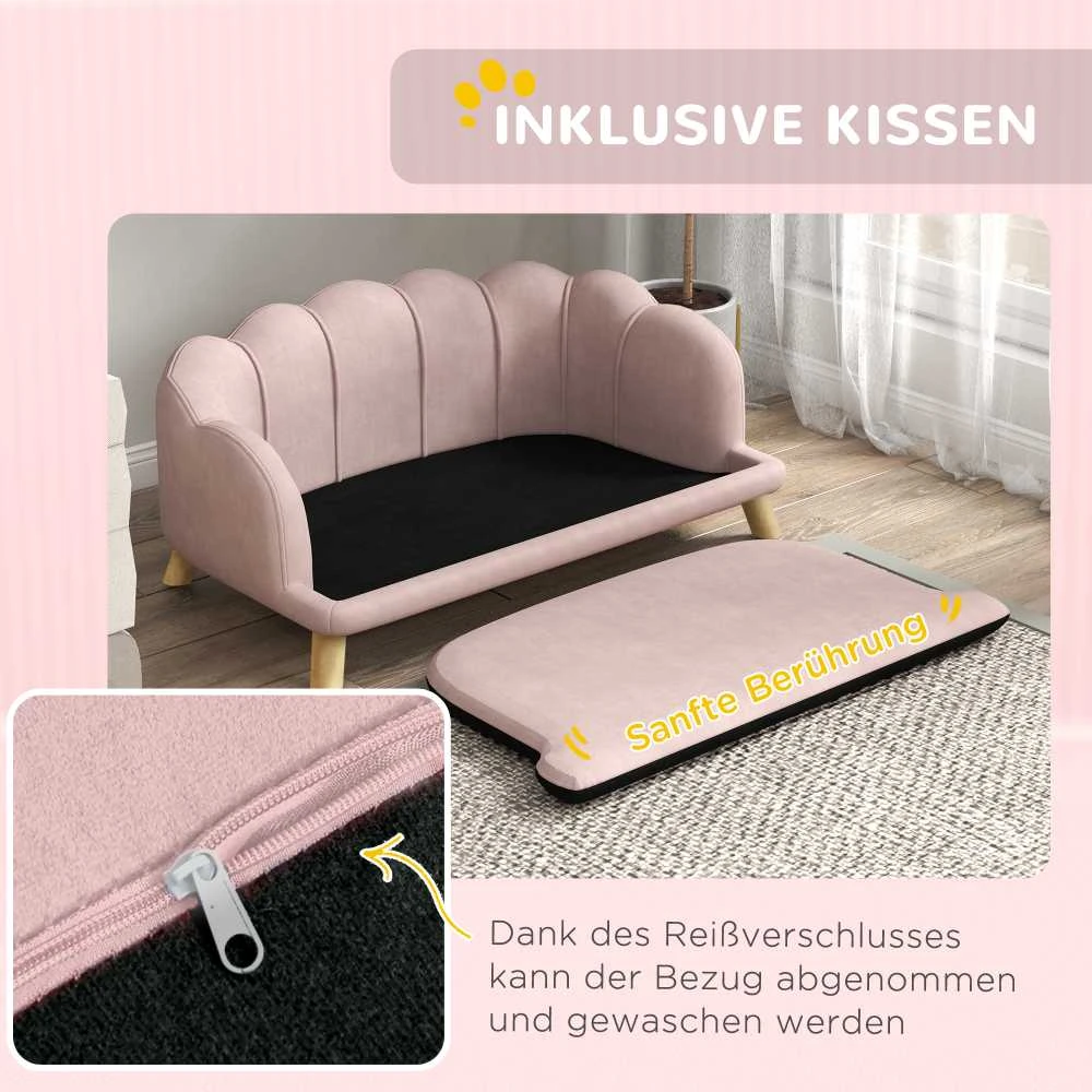 PawHut šunų sofa, plaunamas užvalkalas, naminių gyvūnėlių sofa su atlošu ir medinėmis kojelėmis, kačių sofa, vidutinio dydžio šunims iki 25 kg, rožinė