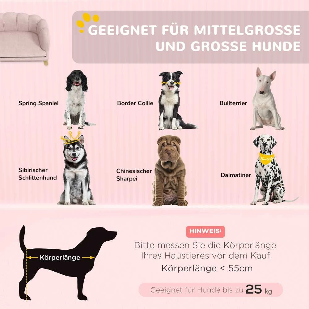 PawHut šunų sofa, plaunamas užvalkalas, naminių gyvūnėlių sofa su atlošu ir medinėmis kojelėmis, kačių sofa, vidutinio dydžio šunims iki 25 kg, rožinė