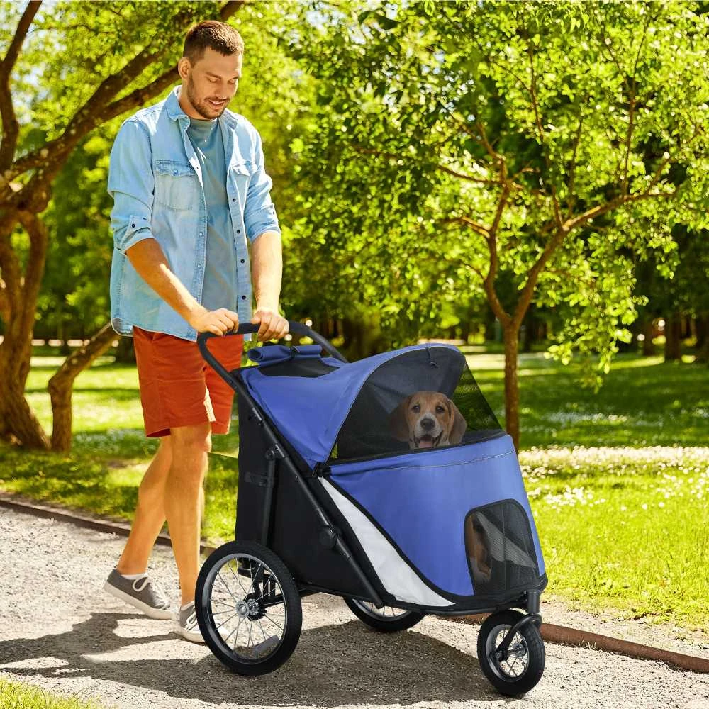 PawHut šunų vežimėlis su tinkleliu, sulankstomas, su saugos pavadėliu, dideliais guminiais ratais, iki 30 kg, Oxford, mėlynas