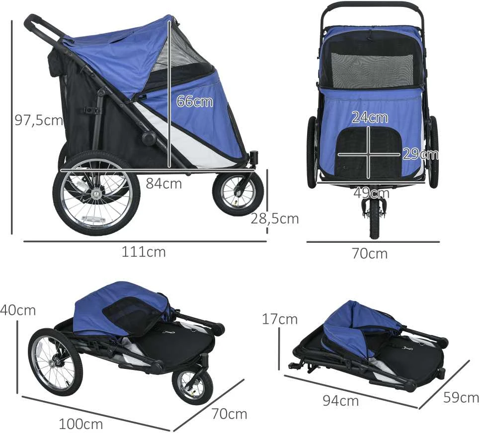 PawHut šunų vežimėlis su tinkleliu, sulankstomas, su saugos pavadėliu, dideliais guminiais ratais, iki 30 kg, Oxford, mėlynas