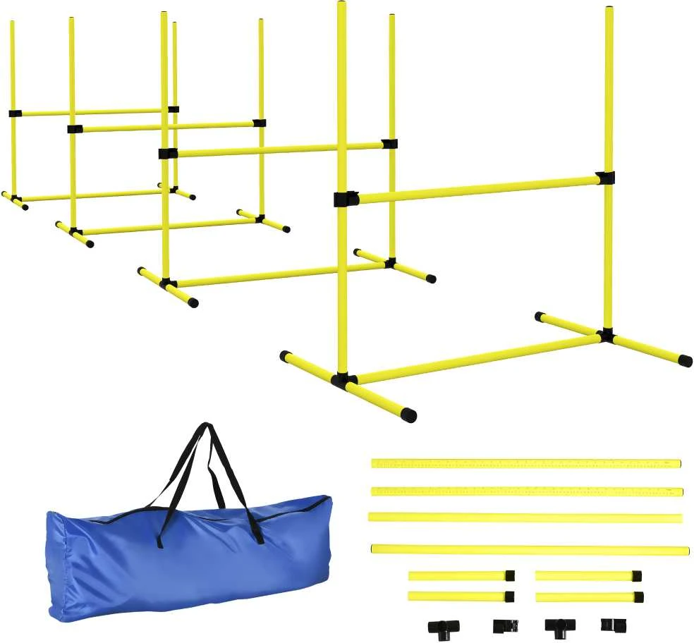 PawHut Agility kliūčių rinkinys, slalomo stulpai, šunų dresūros rinkinys, 4 x kliūtys, plastikas, geltona, 99x65x94cm | Aosom