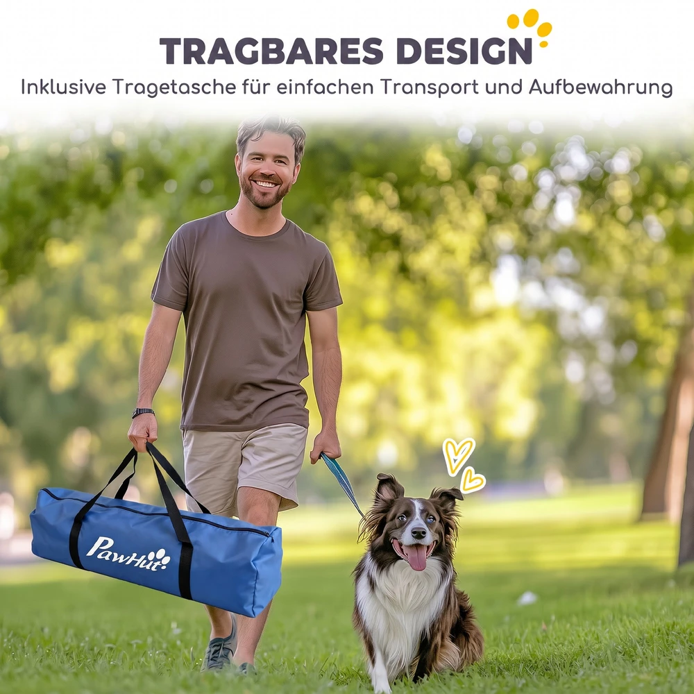 Šunų agility treniruočių rinkinys su tuneliu ir reguliuojamomis kliūtimis, oranžinės, mėlynos ir juodos spalvų, 8 dalių