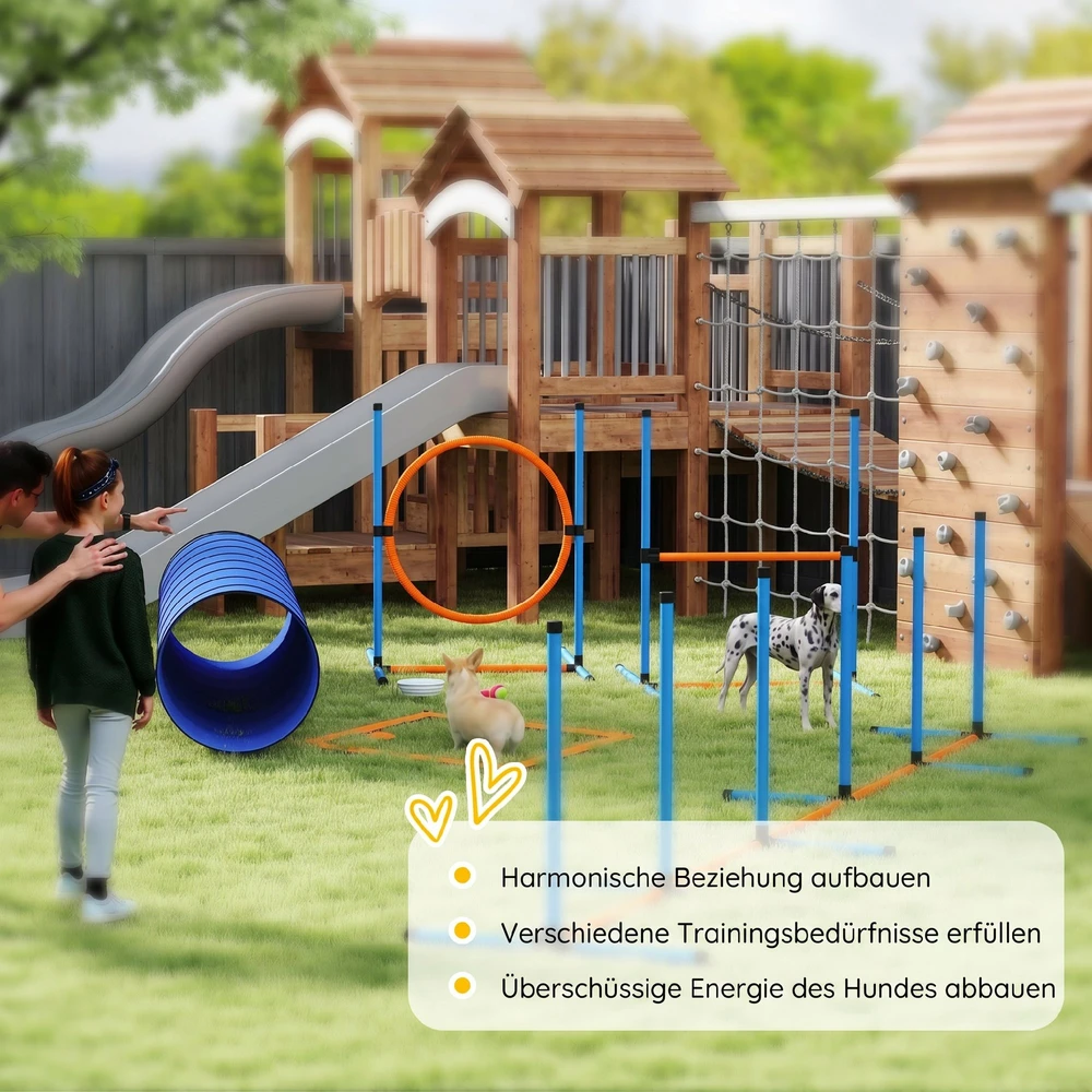 Šunų agility treniruočių rinkinys su tuneliu ir reguliuojamomis kliūtimis, oranžinės, mėlynos ir juodos spalvų, 8 dalių