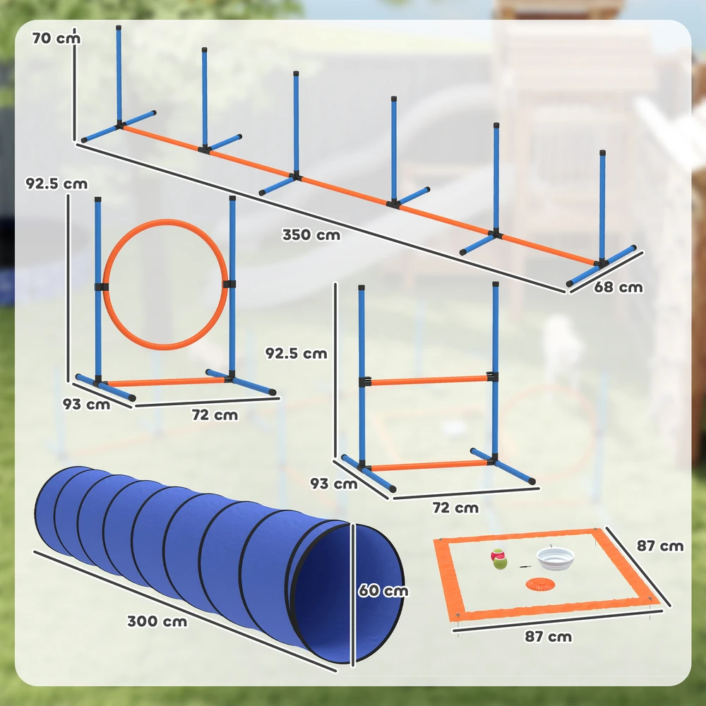 Šunų agility treniruočių rinkinys su tuneliu ir reguliuojamomis kliūtimis, oranžinės, mėlynos ir juodos spalvų, 8 dalių
