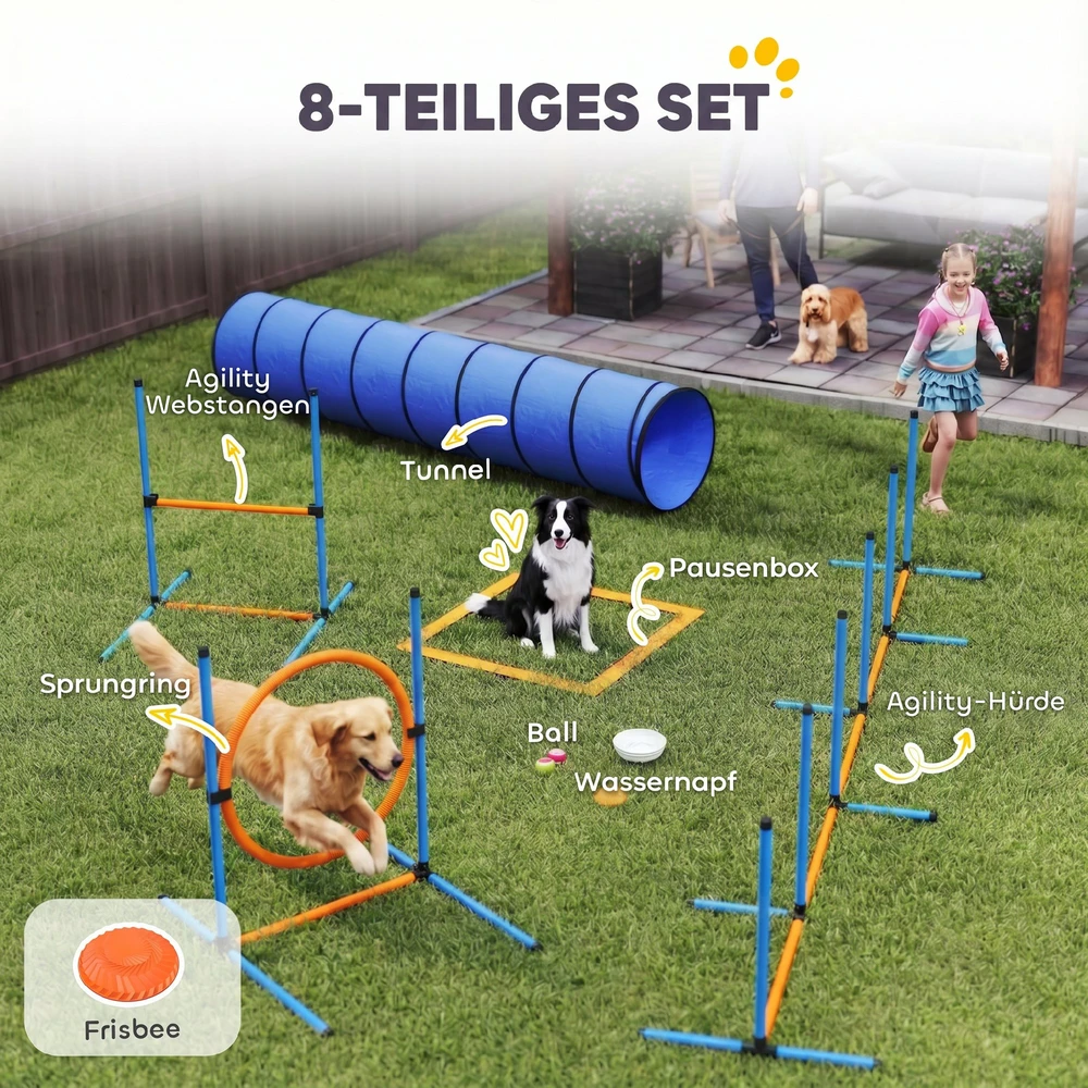 Šunų agility treniruočių rinkinys su tuneliu ir reguliuojamomis kliūtimis, oranžinės, mėlynos ir juodos spalvų, 8 dalių