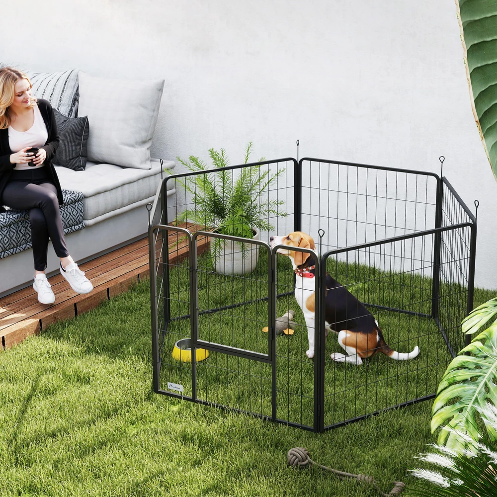 "PawHut" šuniukų vedžiojimo aikštelė 80 cm aukščio, 6-PLG. šunų aptvaras "pasidaryk pats" šuniukų vedžiojimo aikštelė su durimis, laisvas aptvaras mažiems ir vidutinio dydžio šunims, plienas, juoda