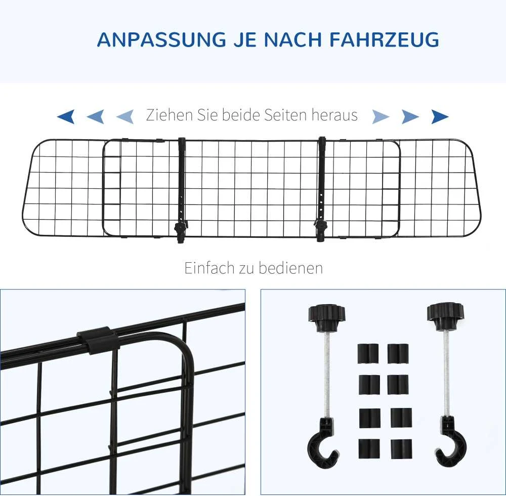PawHut universalus reguliuojamas šunų apsauginis tinklelis automobiliui, bagažinės pertvara, metalinis, juodas (91-152) x 30 cm