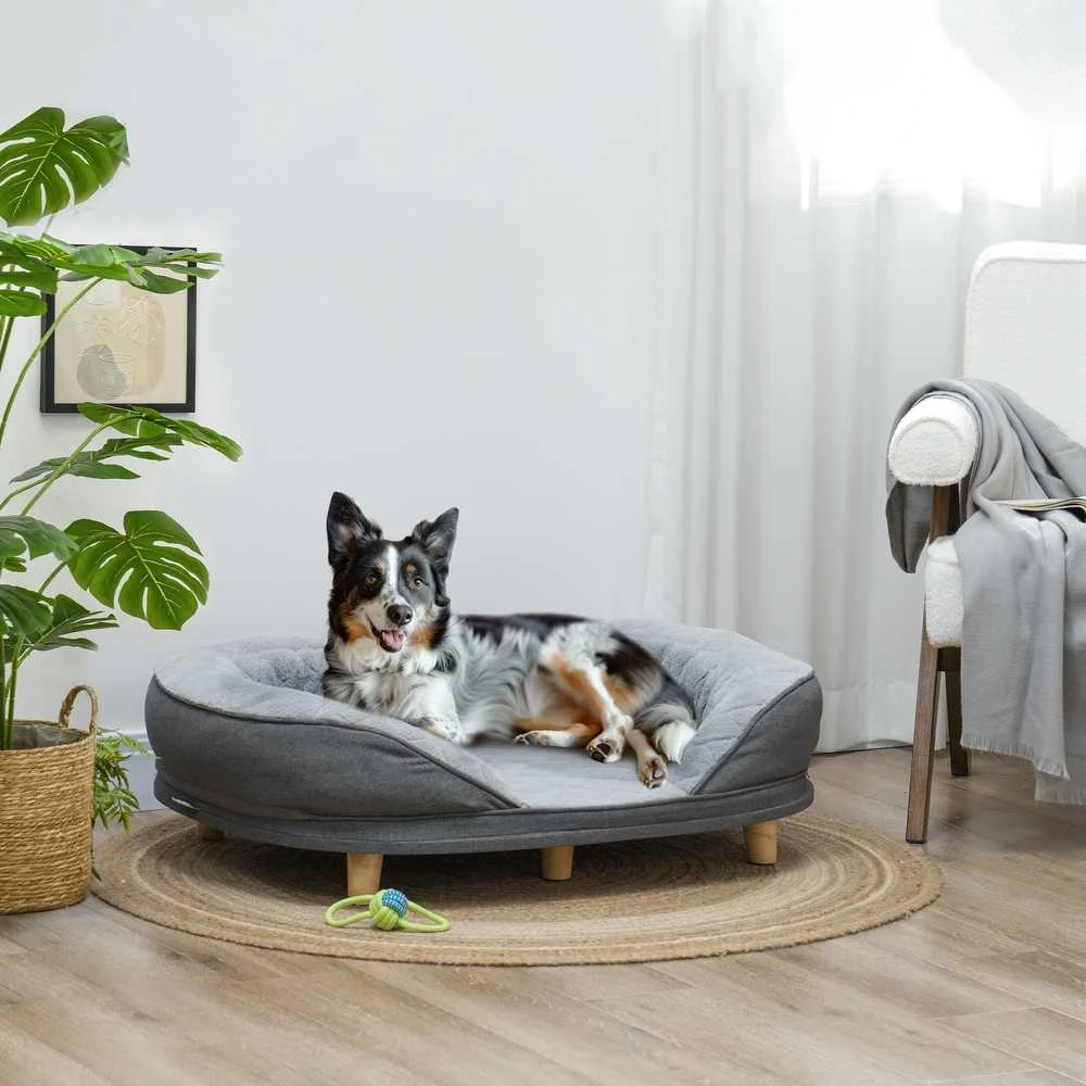 PawHut šunų sofa, plaunamu užvalkalu, augintinių sofa su atlošu ir medinėmis kojelėmis, kačių sofa, vidutinio dydžio šunims iki 25 kg, pilka