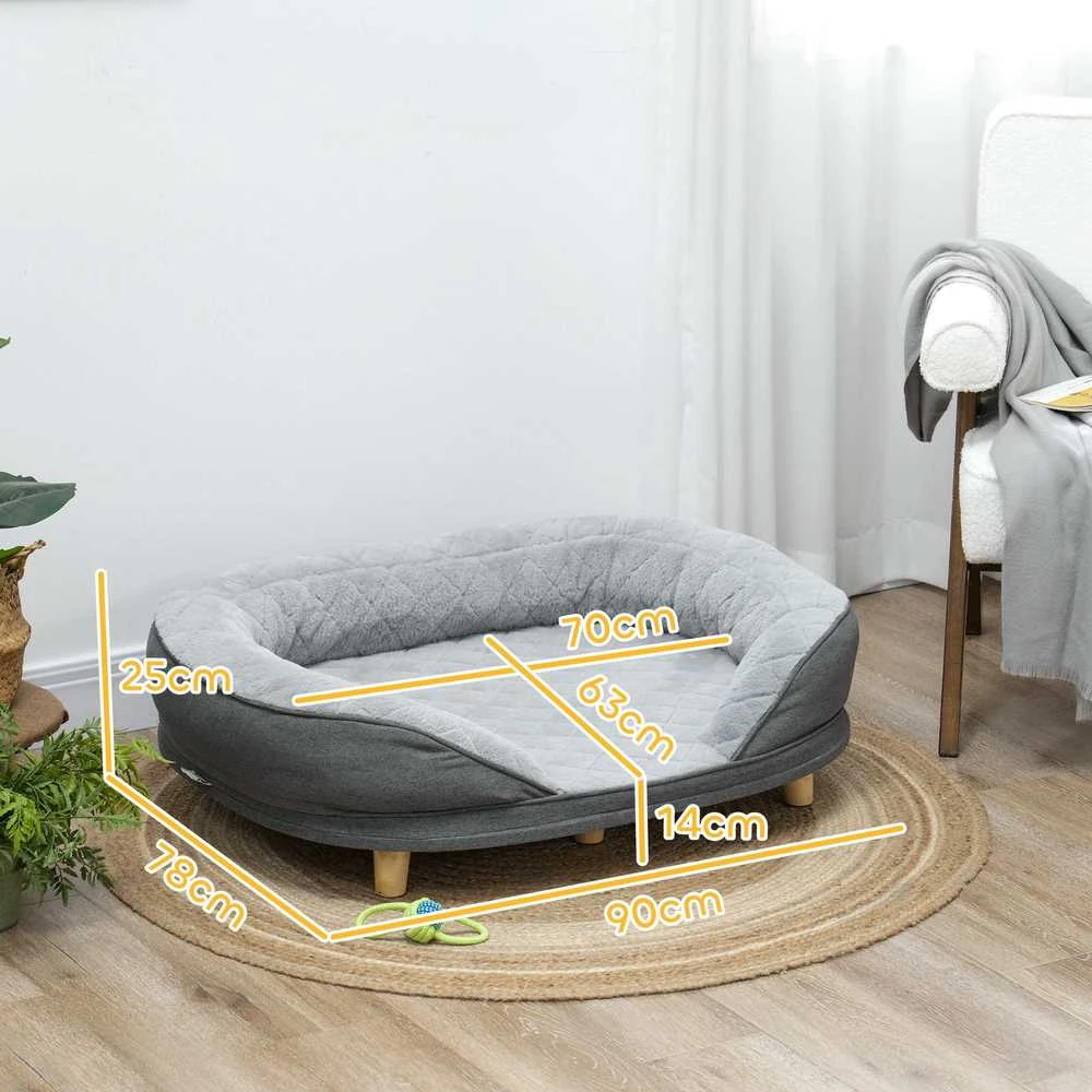 PawHut šunų sofa, plaunamu užvalkalu, augintinių sofa su atlošu ir medinėmis kojelėmis, kačių sofa, vidutinio dydžio šunims iki 25 kg, pilka