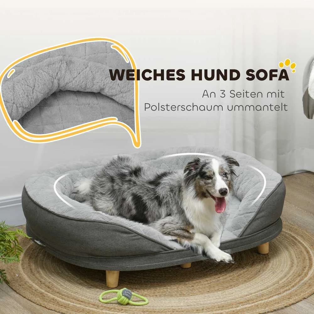 PawHut šunų sofa, plaunamu užvalkalu, augintinių sofa su atlošu ir medinėmis kojelėmis, kačių sofa, vidutinio dydžio šunims iki 25 kg, pilka