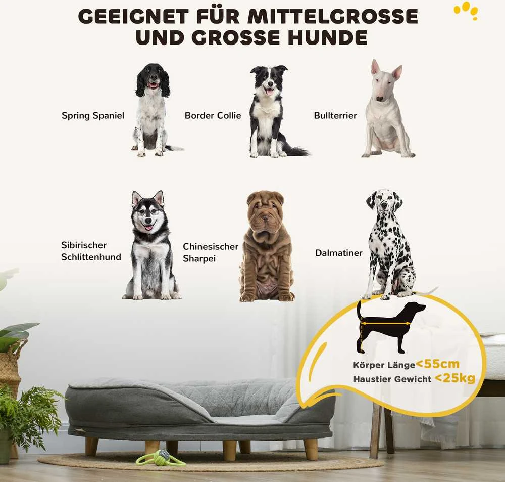 PawHut šunų sofa, plaunamu užvalkalu, augintinių sofa su atlošu ir medinėmis kojelėmis, kačių sofa, vidutinio dydžio šunims iki 25 kg, pilka