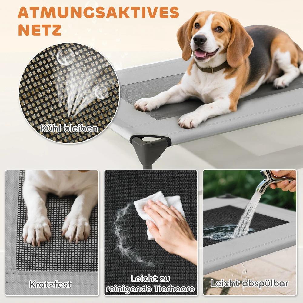 PawHut lauko šuns lova su stogu, paaukštinta šuns lova vidutinio dydžio šunims, vėsinanti gyvūno lova su plaunamu tinkliniu metaliniu rėmu ir nešiojimo krepšiu, gyvūno lova lauko kempingui, 76x61x71cm, šviesiai pilka