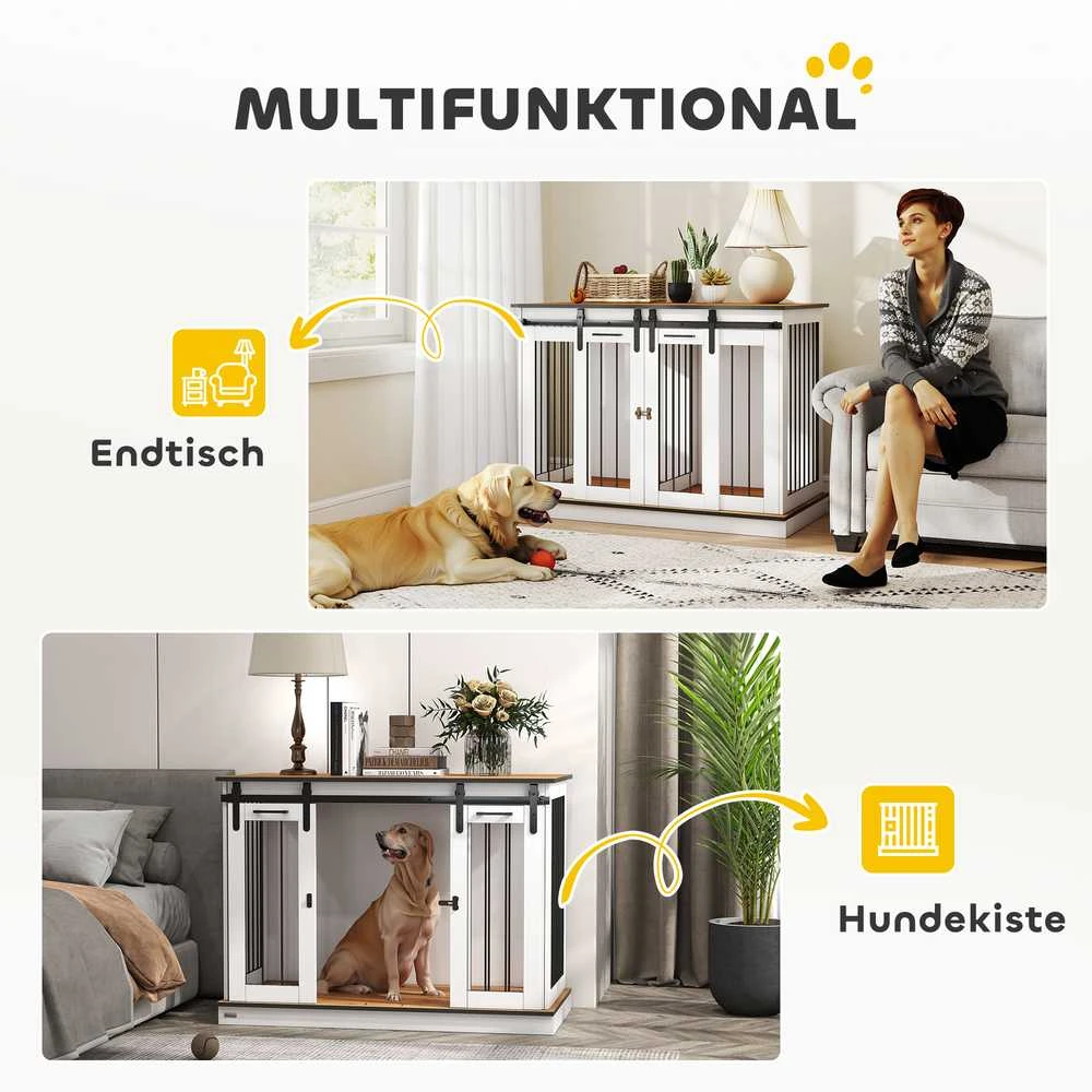 PawHut šunų narvas, naminių gyvūnėlių narvas, šunų būda su dviejų kambarių funkcija vidutinio dydžio šunims, šunų dėžė su dvigubomis durelėmis, šunų namelis, baltas, 120 x 60 x 88,5 cm