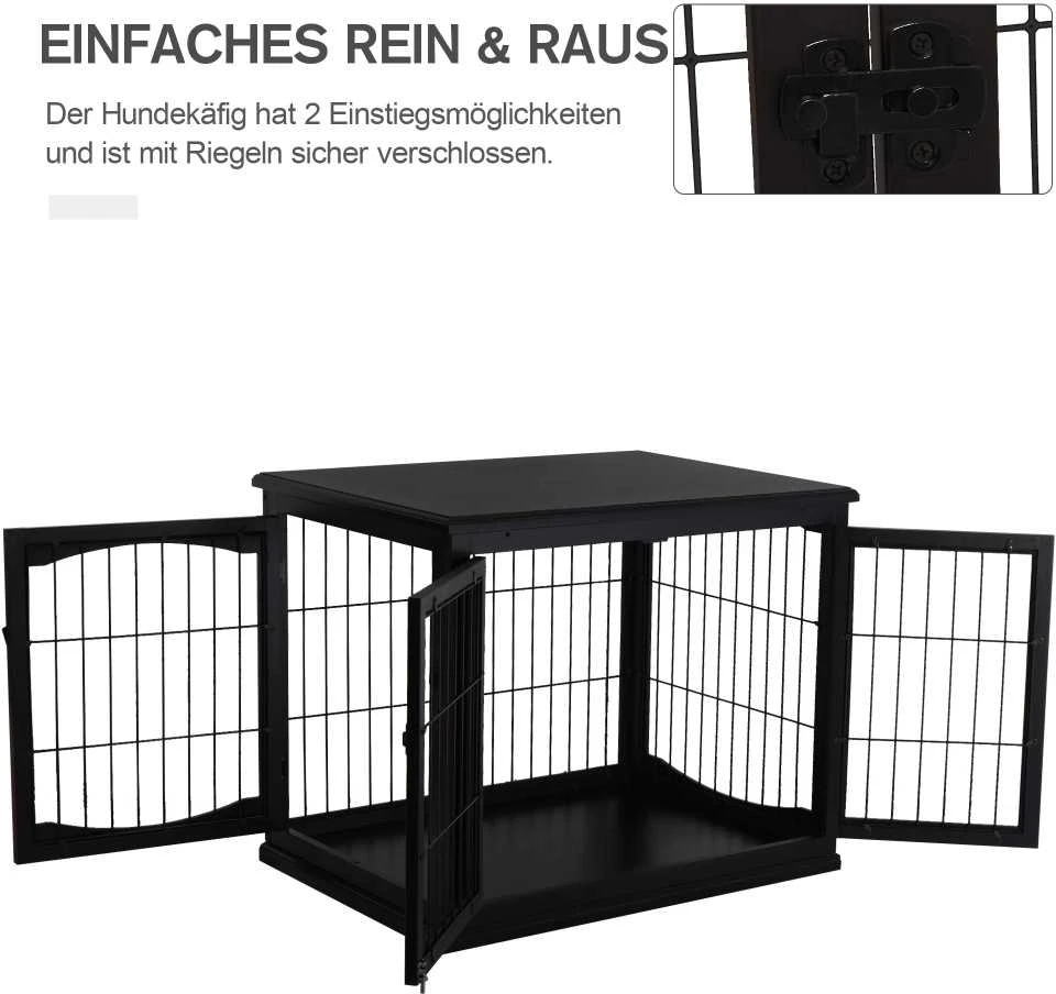 PawHut šunų namelis su stalu, narvas smulkiems gyvūnams vidaus patalpoms, MDF metalas, juodas, 81x58,5x66 cm