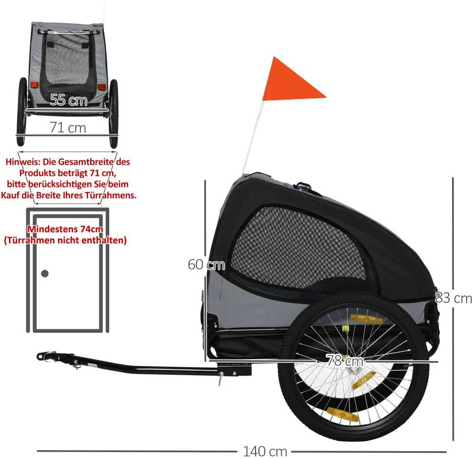 PawHut šunų priekaba, sulankstoma dviračio priekaba su tinkliniais langais, atšvaitais ir vėliavėle, greito atjungimo mechanizmas, pagaminta iš Oksfordo audinio ir plieno, juoda, 140x71x83 cm