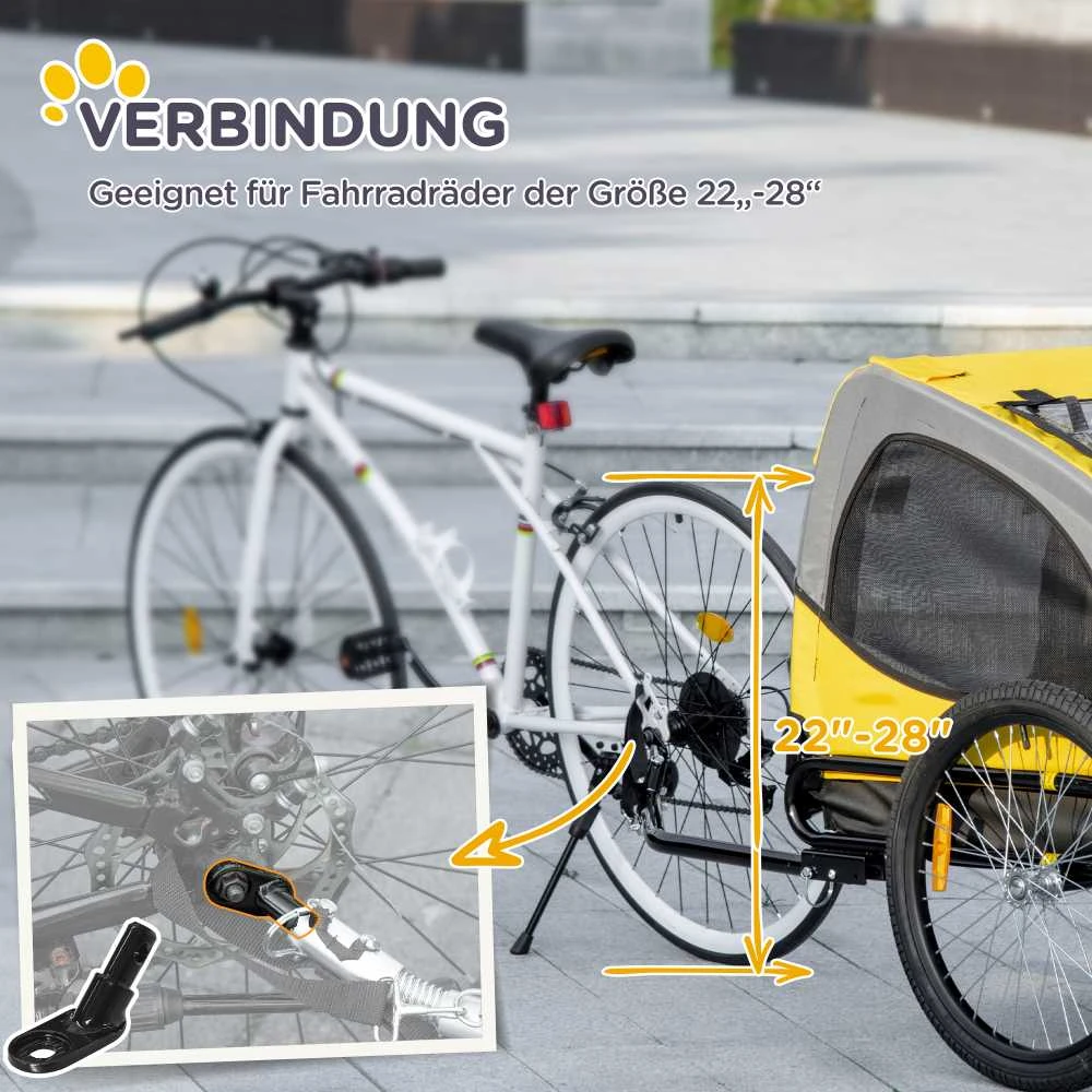 PawHut šunų priekaba, sulankstoma dviračio priekaba su tinkliniais langeliais, atšvaitais, vėliavėle, greito atjungimo mechanizmu, Oksfordo audinys, plienas, geltona, 140 x 71 x 83 cm
