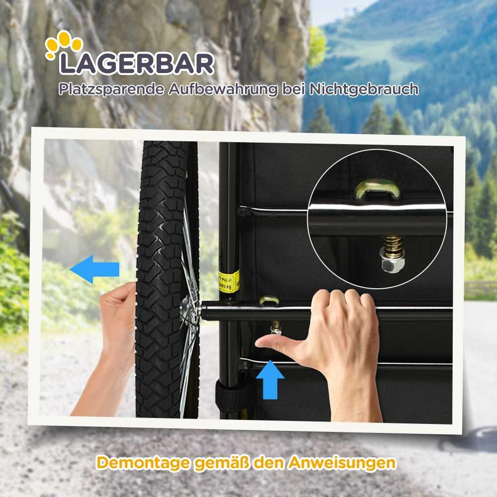 PawHut šunų priekaba, sulankstoma dviračio priekaba su tinkliniais langais, atšvaitais ir vėliavėle, greito atjungimo mechanizmas, pagaminta iš Oksfordo audinio ir plieno, juoda, 140x71x83 cm