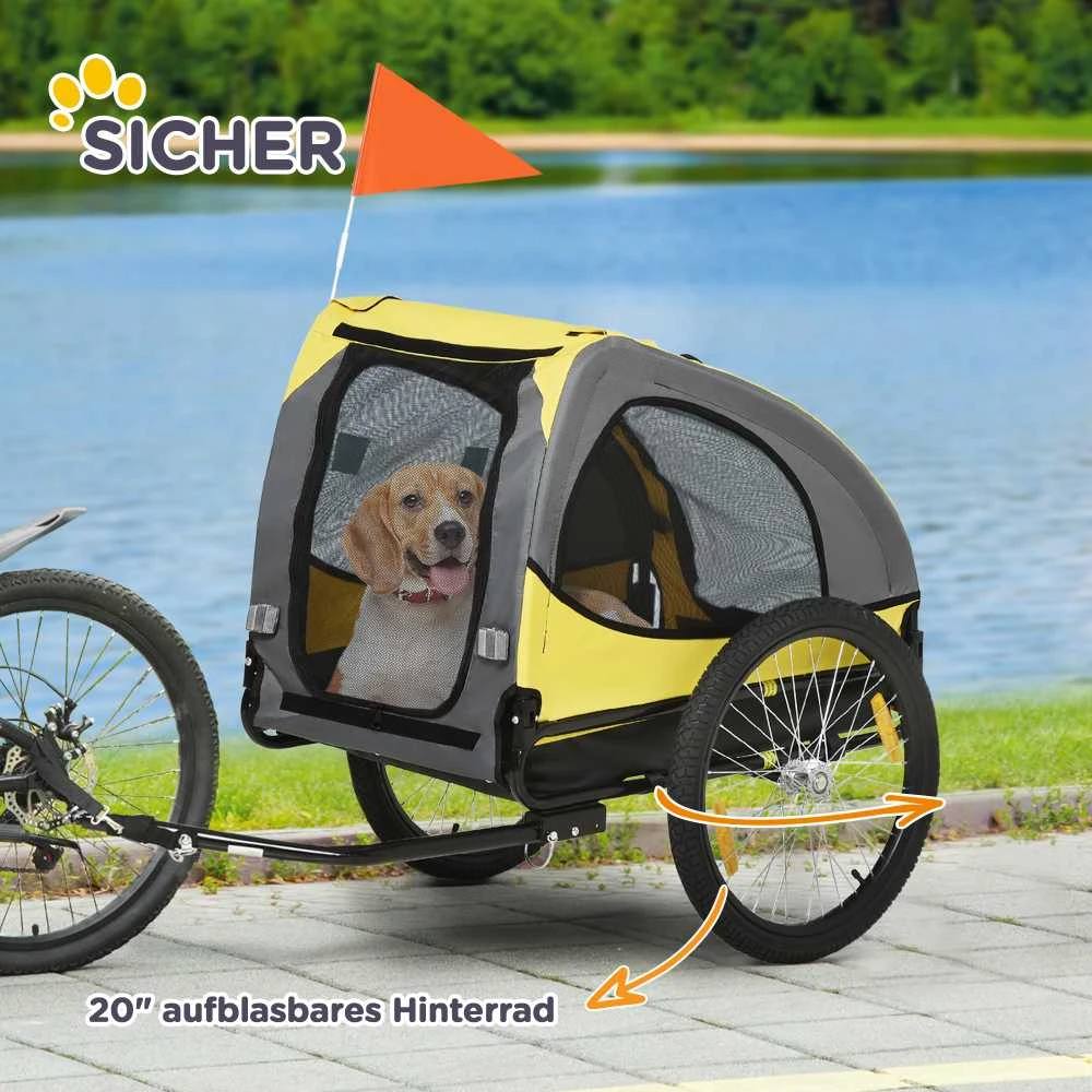 PawHut šunų priekaba, sulankstoma dviračio priekaba su tinkliniais langeliais, atšvaitais, vėliavėle, greito atjungimo mechanizmu, Oksfordo audinys, plienas, geltona, 140 x 71 x 83 cm