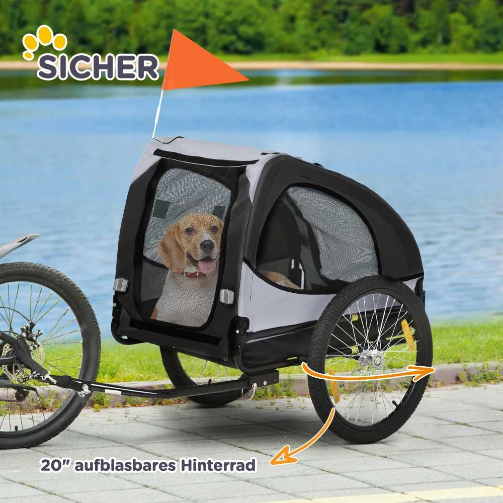 PawHut šunų priekaba, sulankstoma dviračio priekaba su tinkliniais langais, atšvaitais ir vėliavėle, greito atjungimo mechanizmas, pagaminta iš Oksfordo audinio ir plieno, juoda, 140x71x83 cm